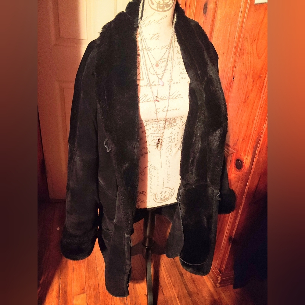 ✨Vintage Luxe ✨ Spiegel Faux Fur 90s Oversized Suede Leather Coat Black M - Picture 3 of 6